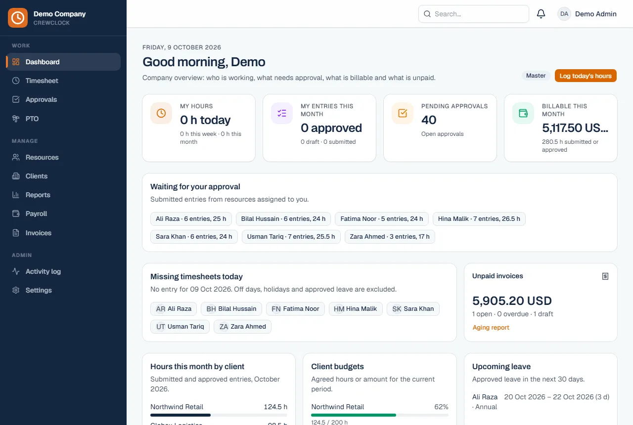 CrewClock dashboard